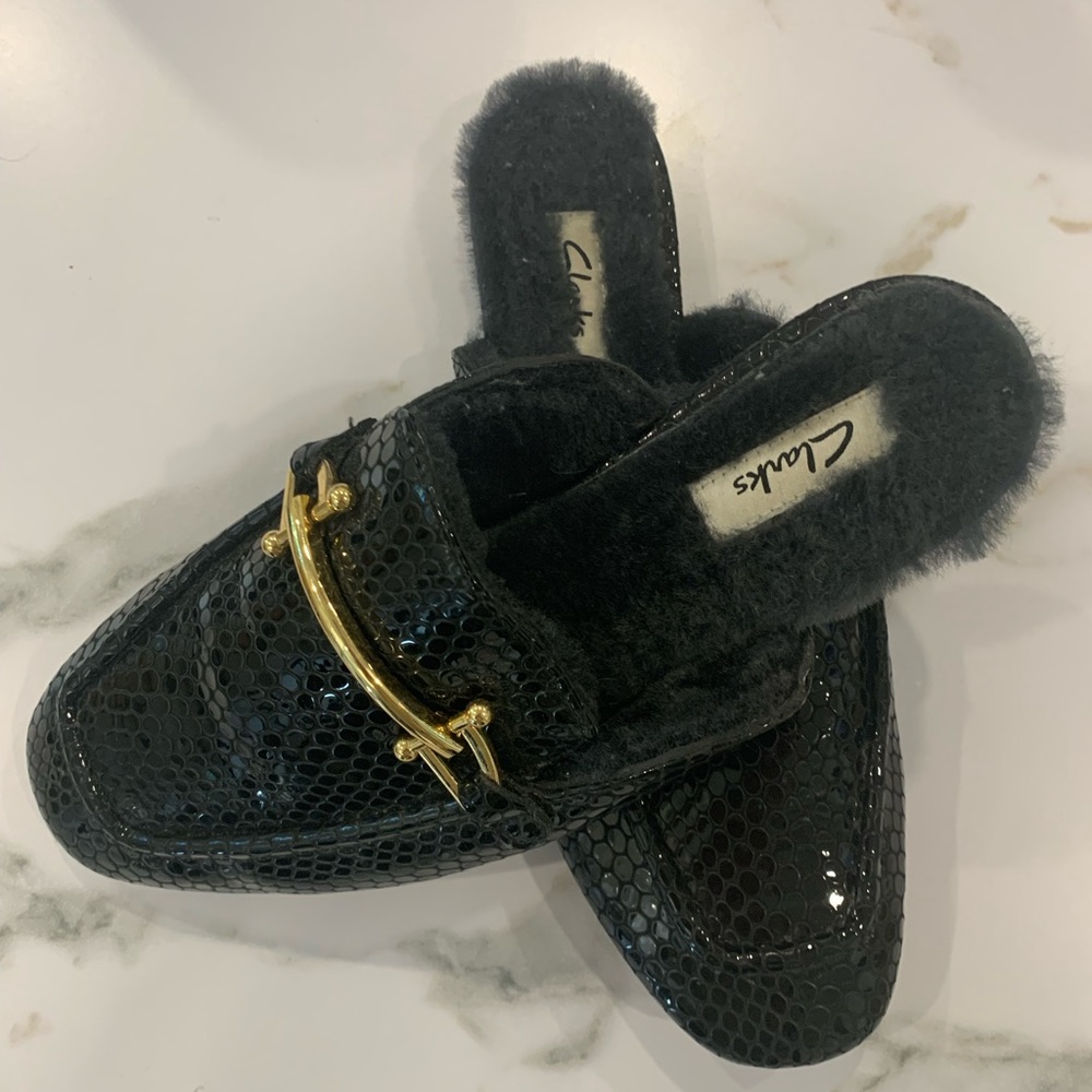 Clarks Black Leather Mules
